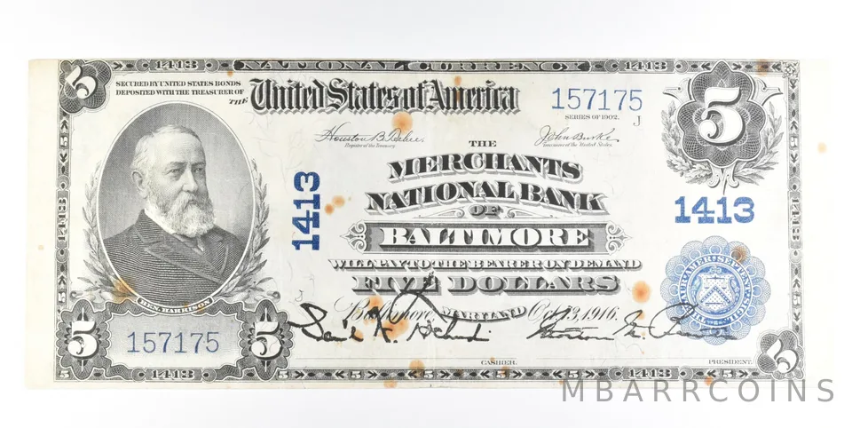 1902 $5 Baltimore MD National Currency Note Large Note CH 1413 a0224