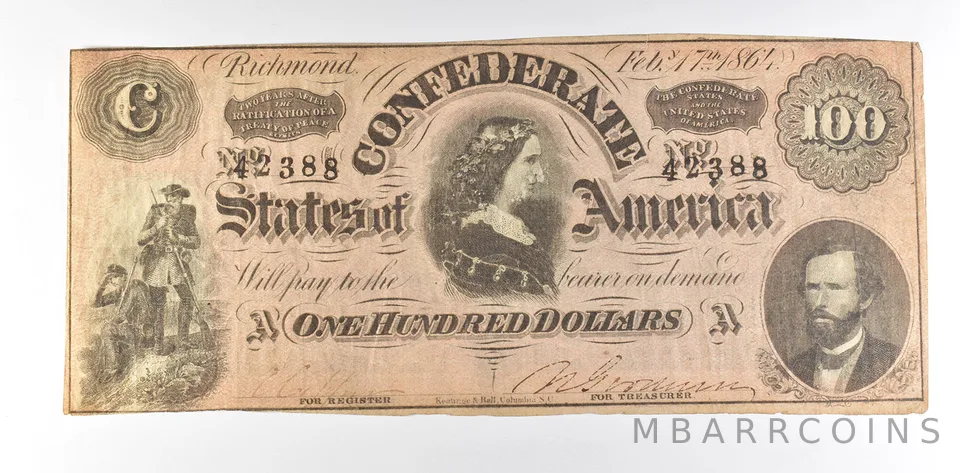 1864 $100 Confederate States Of America T-65 Large Note *8591