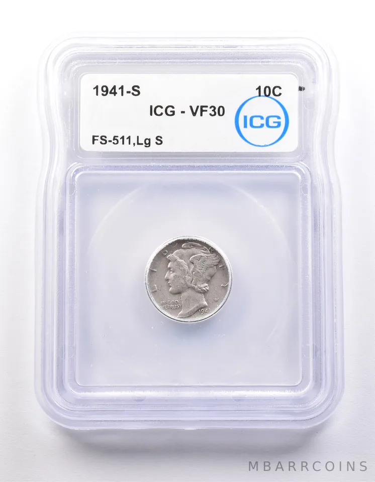 1941-S Mercury Dime FS-511 Large S VF30 ICG *9865