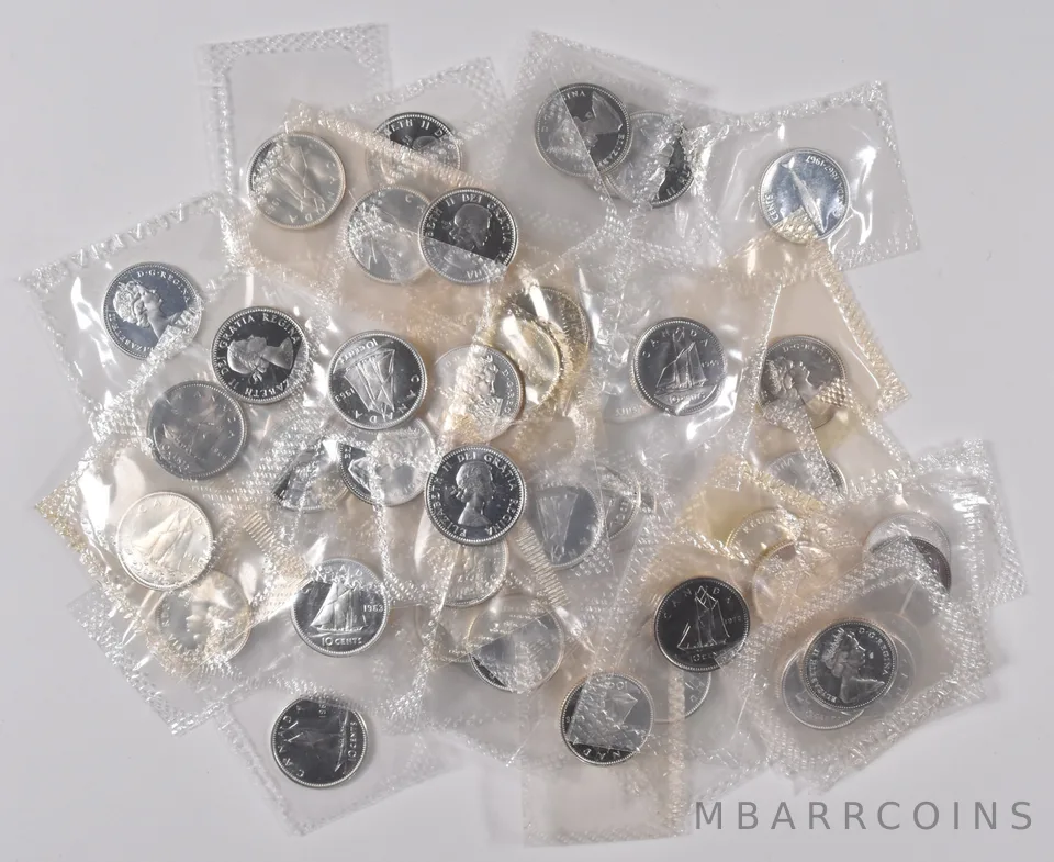 (50) PROOF LIKE 80% Silver Canada Dimes Roll $5 Collection Lot 60's
