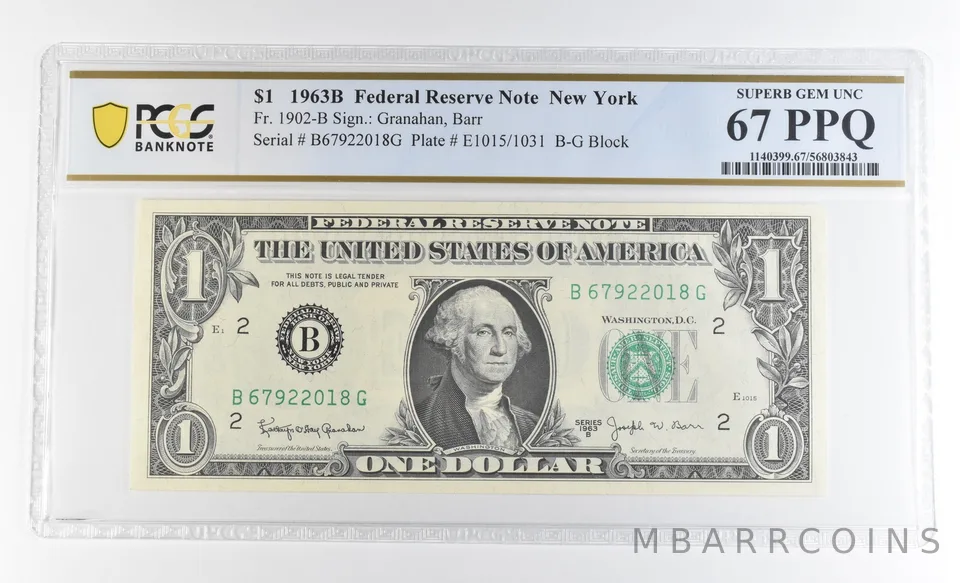 1963 B $1 New York NY FRN Fr#1902-B Superb Gem Unc 67 PPQ PCGS *9254