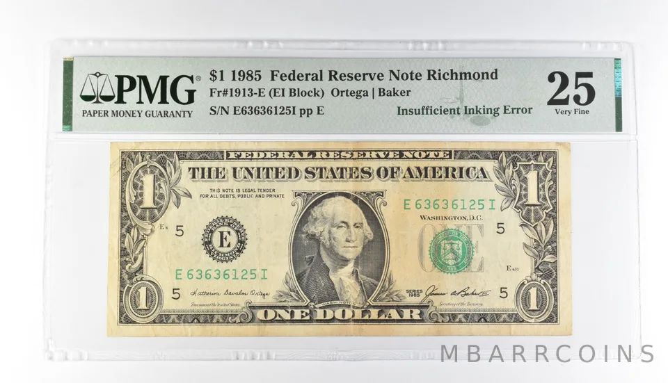 PMG 25 VF $1 1985 FRN Richmond Fr#1913-E Insufficient Inking Error *3182
