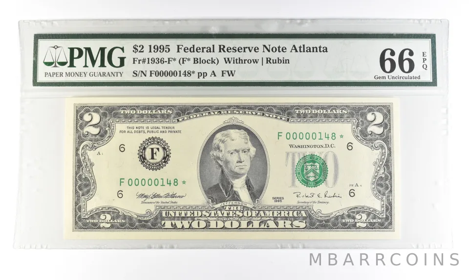 1995 $2 Atlanta GA FRN Fr#1936-F* Star Error Gem Unc 66 EPQ PMG Low Serial *5470