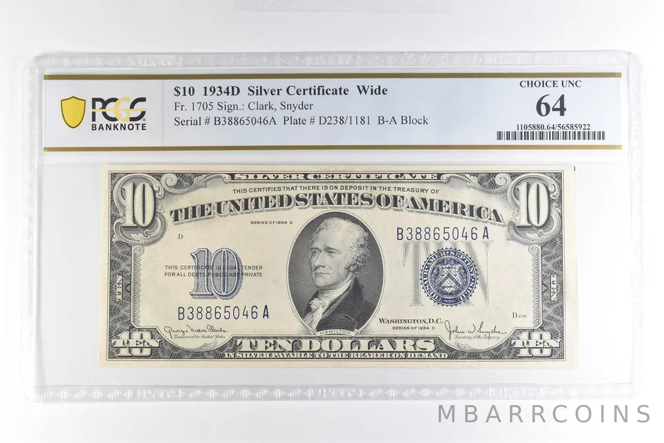 1934 D $10 Silver Certificate Wide Fr#1705 Choice Unc 64 PCGS *4944