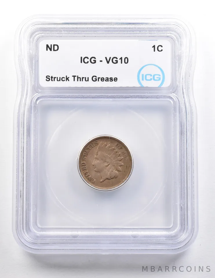 1859-1864 ERROR Indian Head Cent Struck Thru Grease VG10 ICG a3656