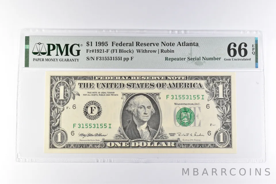 PMG 66 Gem Unc EPQ $1 1995 FRN Atlanta Fr#1921-F Repeater Serial Number a3096