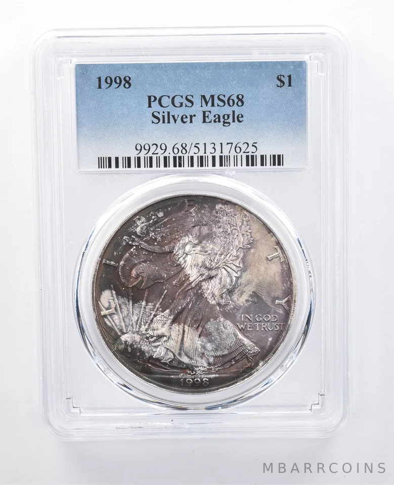 1998 American Silver Eagle MS68 PCGS Purple Tone *8153