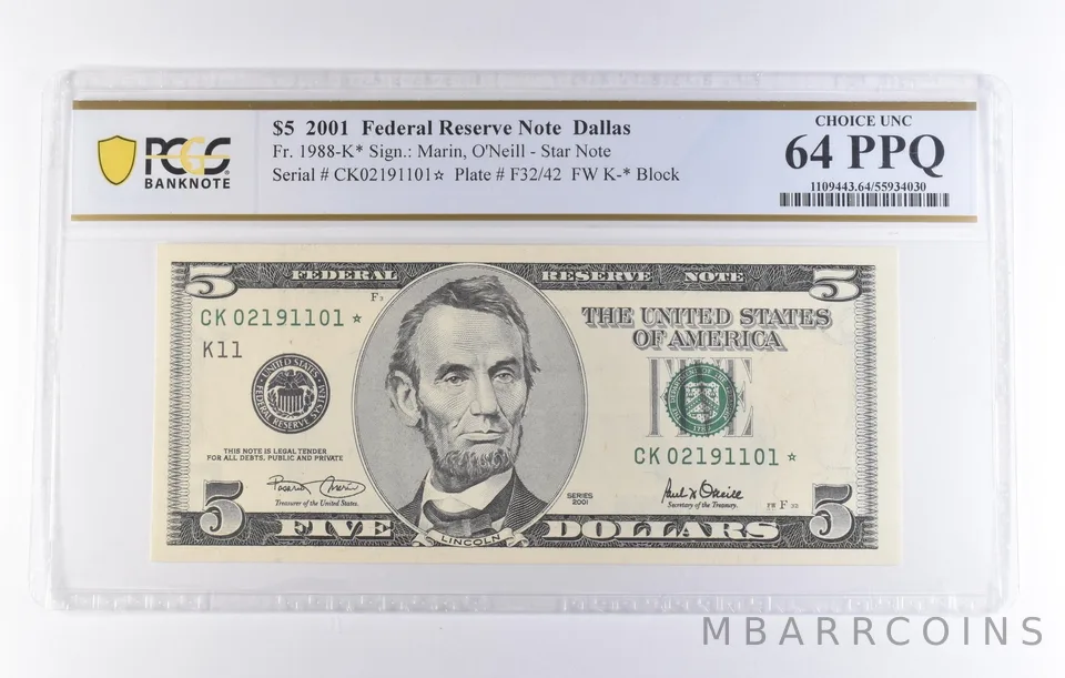 2001 $5 Dallas TX FRN Star Note Fr#1988-K Choice Unc 64 PPQ PCGS *8295