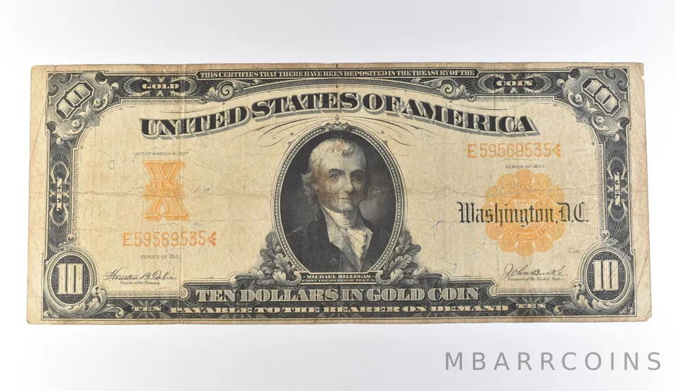 1907 $10 Gold Certificate Large Note Yellow Seal a9705