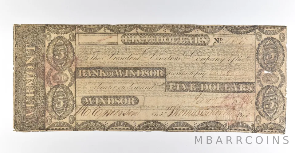 1800s $5 Bank Of Windsor VT Obsolete Note *8463