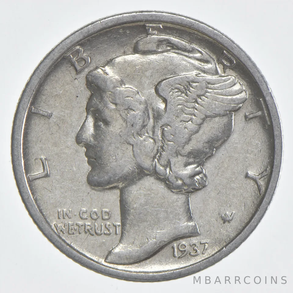 1937-S Mercury Dime 90% Silver AU Almost Unc