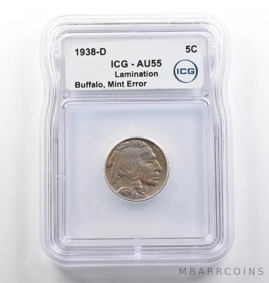1938-S Indian Head Buffalo Nickel Mint Error Lamination AU55 ICG *4003