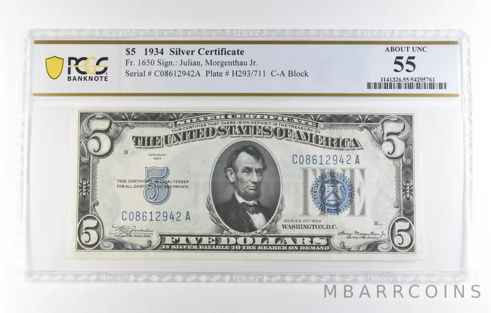 1934 $5 Silver Certificate Fr#1650 About Unc 55 PCGS *7932