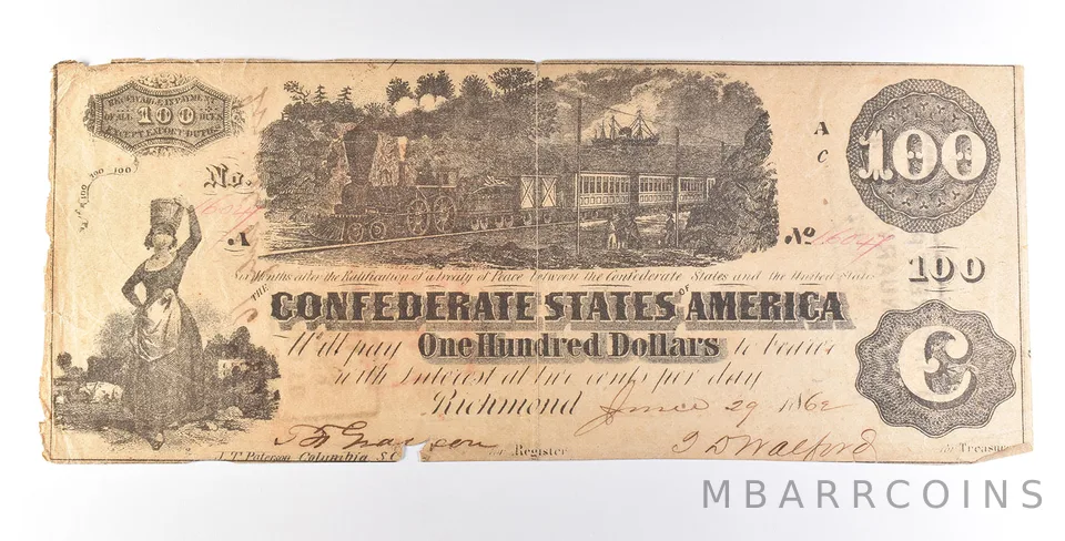1863 $100 Confederate States Of America Note T39 Reverse Stamps *7286