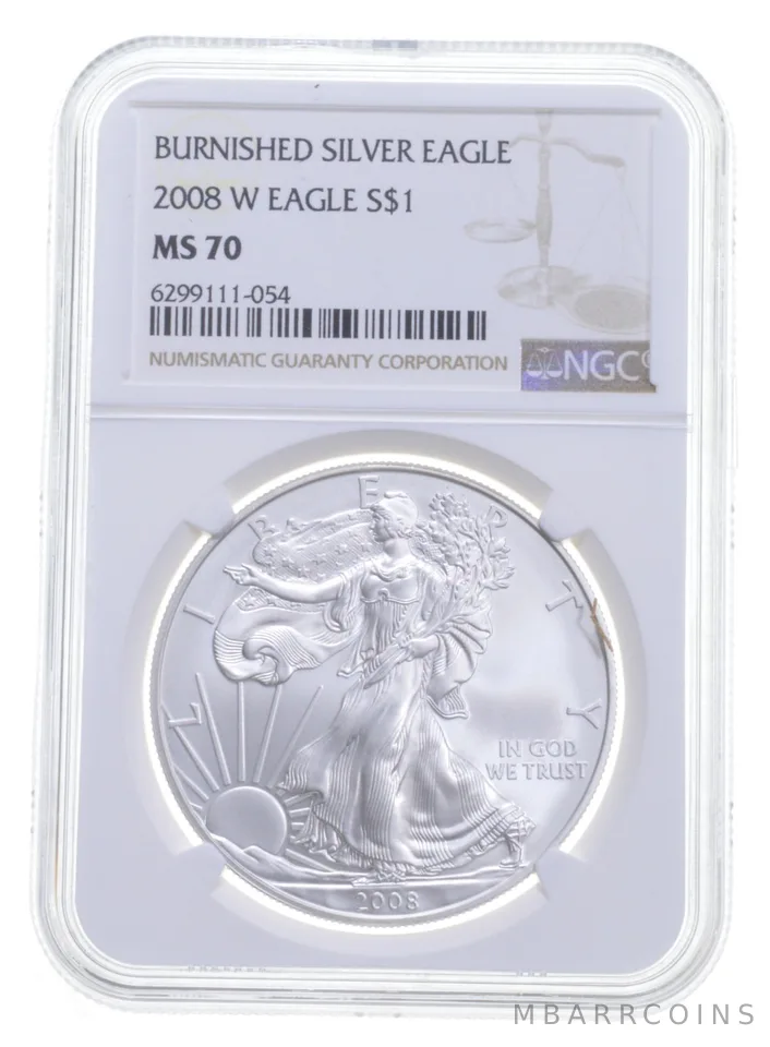 2008-W BURNISHED SILVER EAGLE MS70 NGC CLASSIC BROWN LABEL