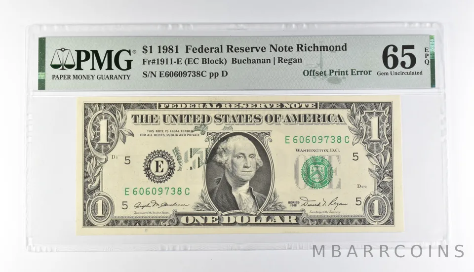 PMG 65 Gem Unc EPQ $1 1981 FRN Richmond Fr#1911-E Offset Print Error *3177