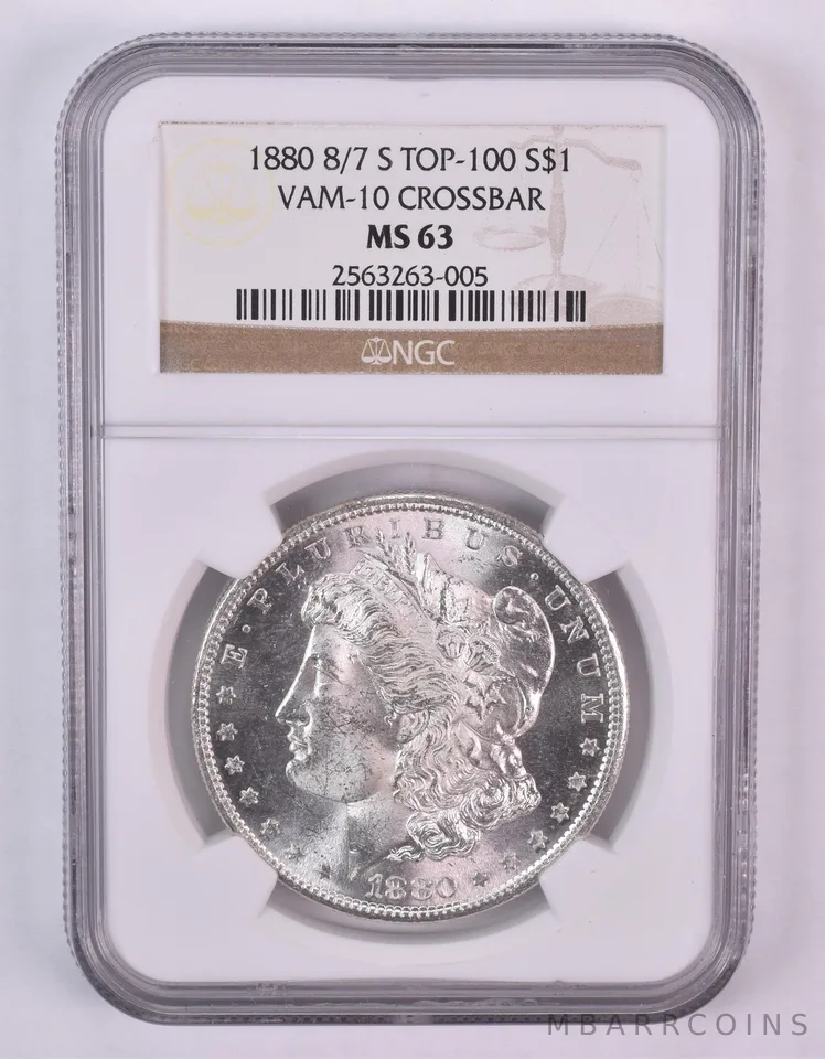 1880-S 8/7-S Morgan Silver Dollar VAM-10 Crossbar MS63 NGC *0993