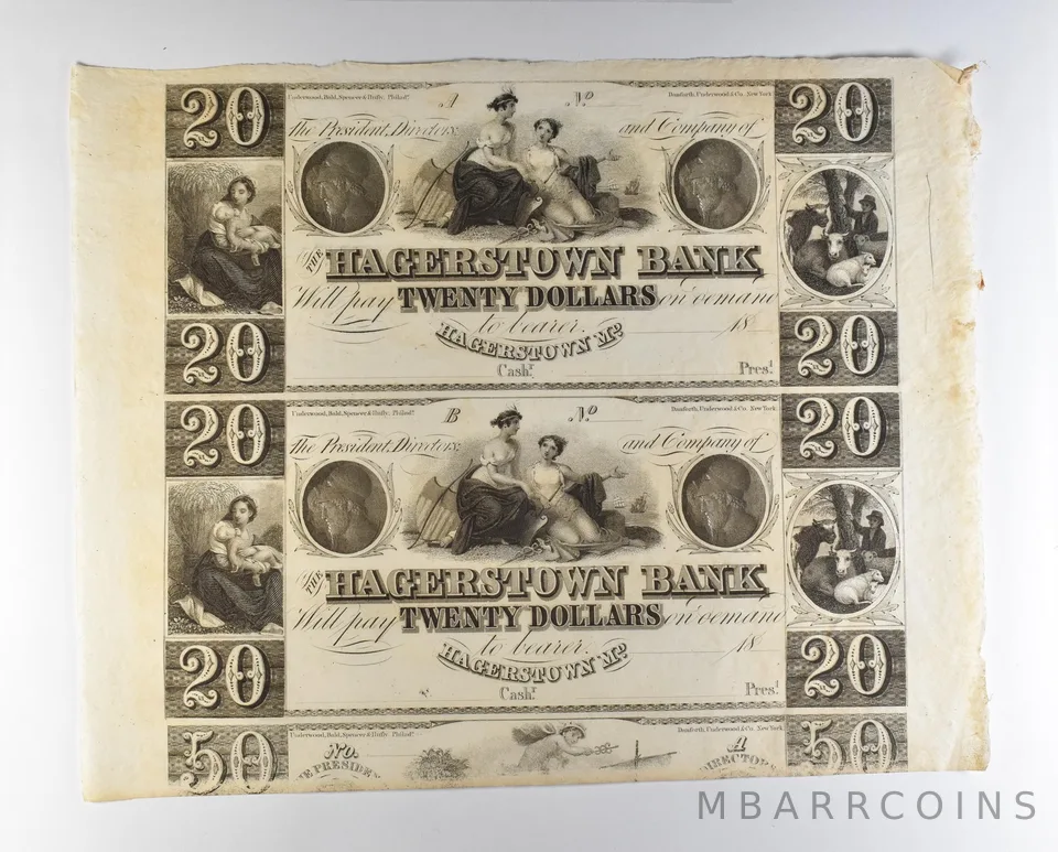 Lot (2) 1800s $20 Hagerstown MD Bank Obsolete Note Uncut *8705