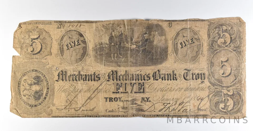 1864 $5 Troy NY Merchants & Mechanics Bank Obsolete Note *8332