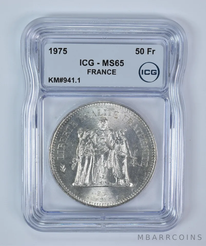 1975 France 50 Francs Silver KM#941.1 MS65 ICG
