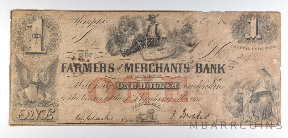 1854 $1 Memphis TN Farmers & Merchants Bank Obsolete Note *8652