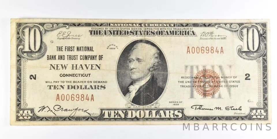 1929 $10 New Haven CT National Currency Note CH 2 *0208