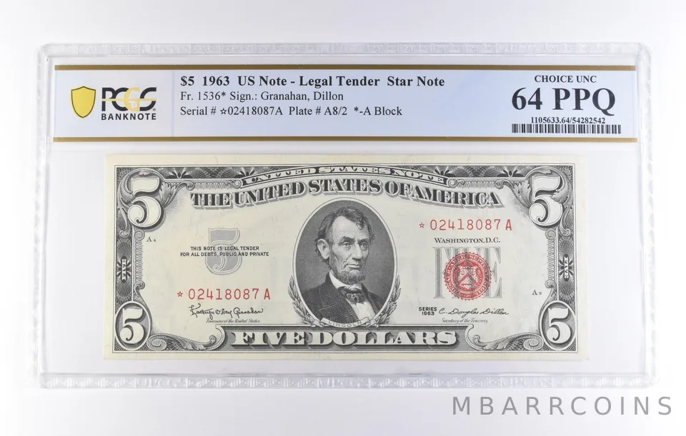 1963 $5 Legal Tender Star Note Fr#1536* Choice Unc 64 PPQ PCGS *8225