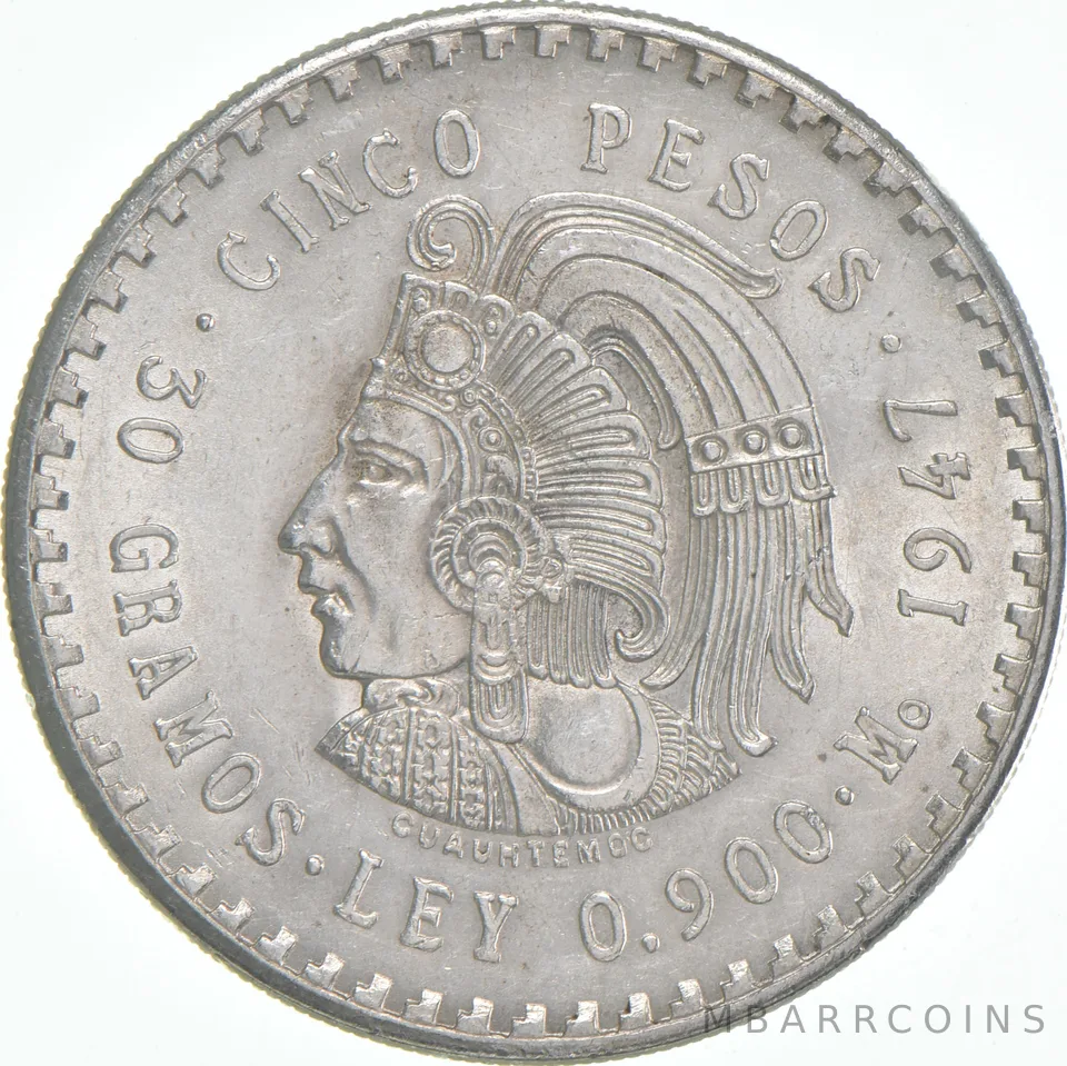 1947 Mo Mexico 5 Pesos Silver BU