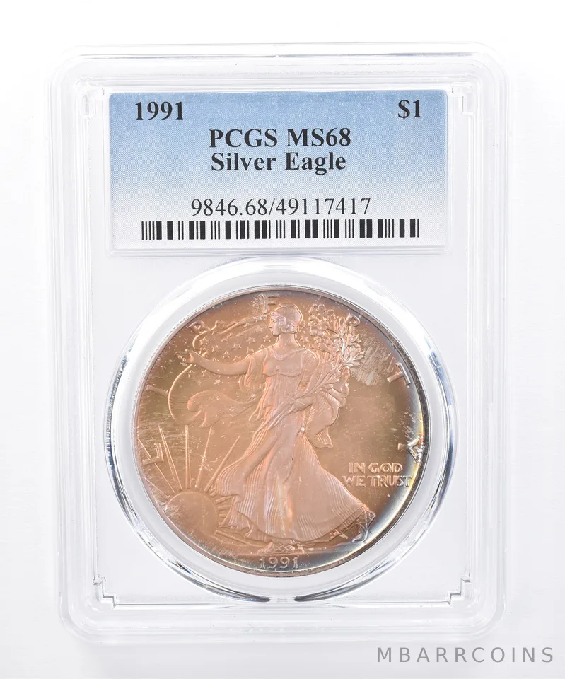 1991 American Silver Eagle MS68 PCGS Purple/Orange Tone *8407