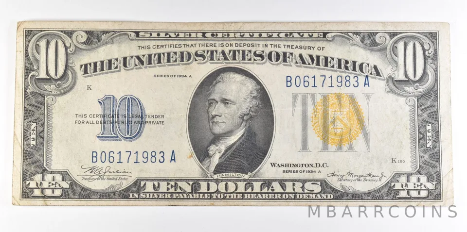 Fr.2309 1934A $10 Silver Certificate Yellow Seal "North Africa", AU *7616