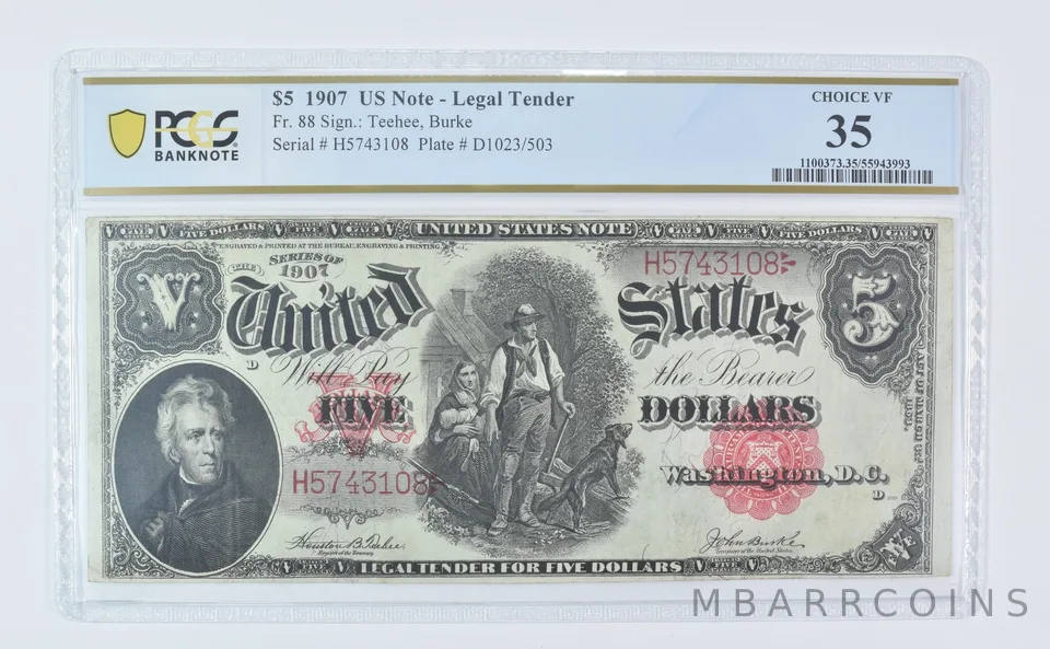 1907 $5 Legal Tender Fr#88 Large Note Choice VF 35 PCGS *9536