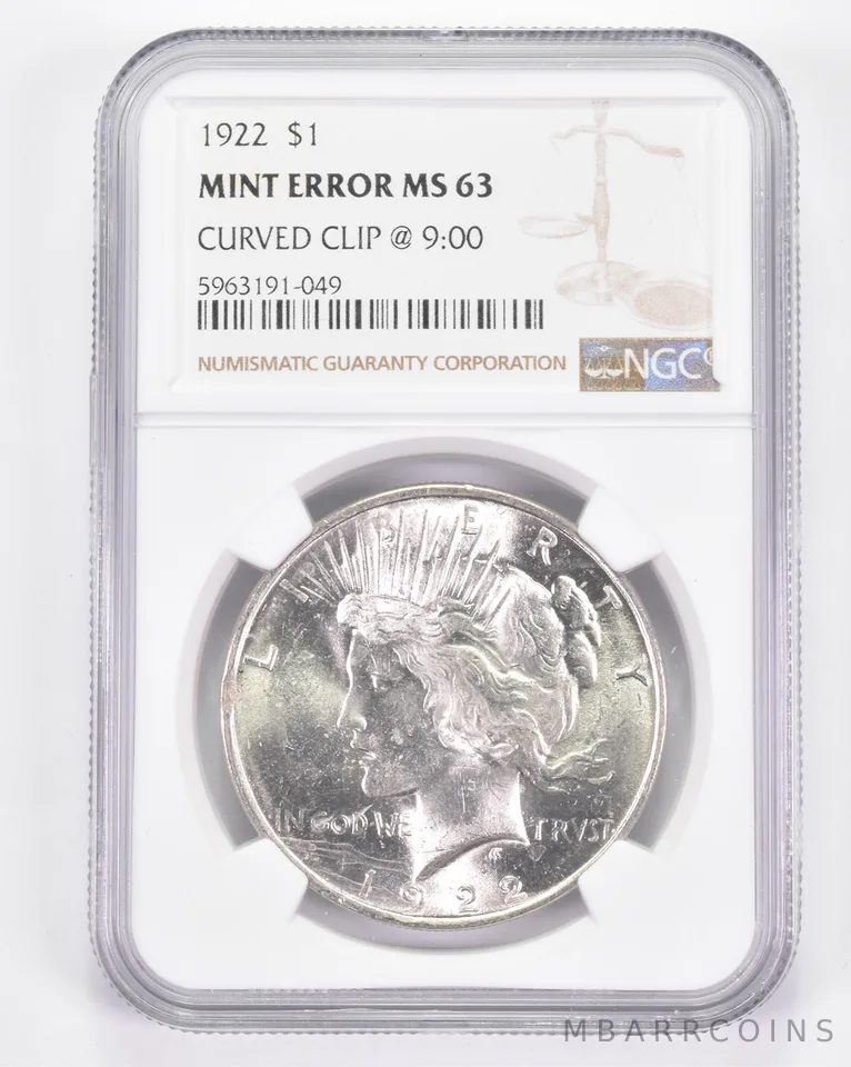 Mint Error MS63 1922 Peace Silver Dollar - Curved Clip @ 9:00 - Graded NGC *8898