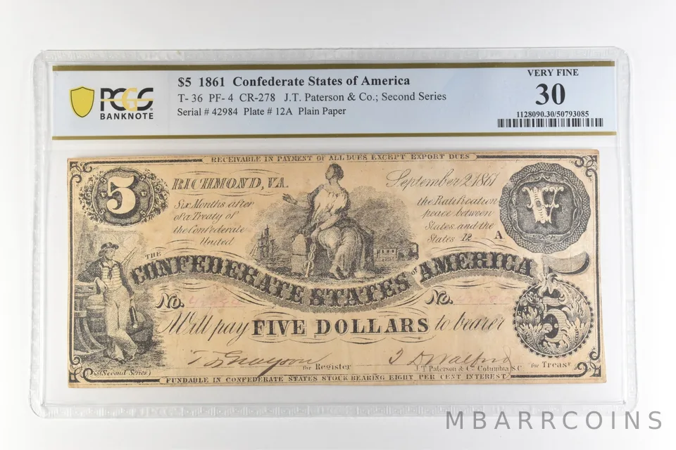 1861 $5 Confederate States America T-36 PF-4 CR-278 Very Fine 30 PCGS *4405