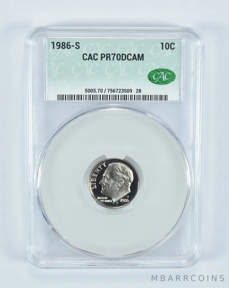 1986-S Roosevelt Dime PR70 DCAM CAC CACg