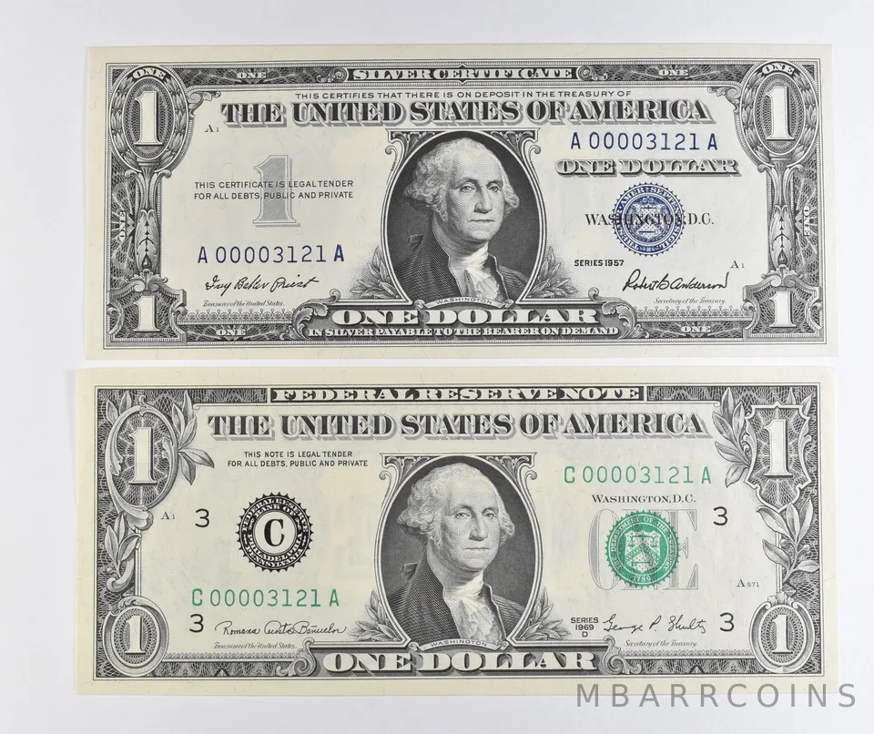 Lot (2) Matching Serial Numbers 1957 $1 Silver Certificate/1969 D $1 FRN *1720
