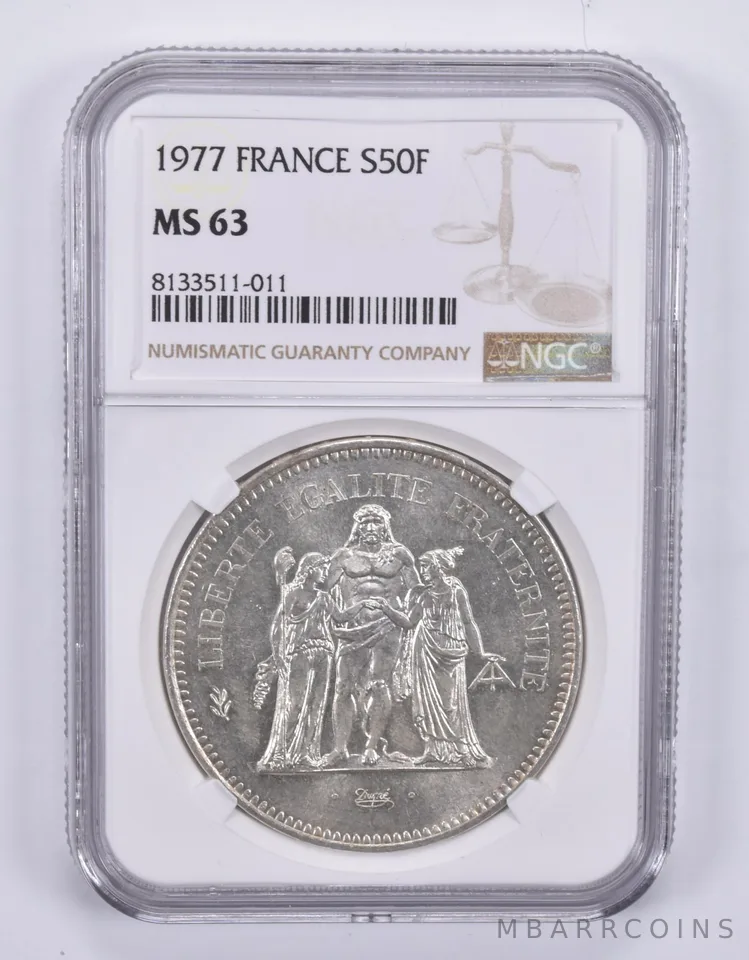 1977 France 50 Francs Silver MS63 NGC Brown Label