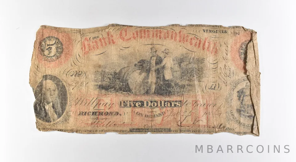 1864 $5 Richmond VA Bank Of The Commonwealth Obsolete Note *3171
