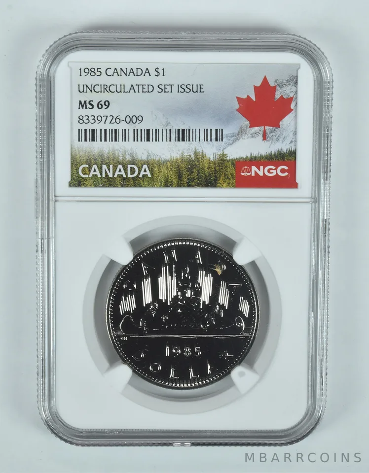 1985 Canada 1 Dollar Voyageur Unc Set Issue MS69 NGC Canada Label