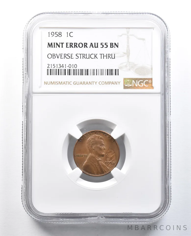 1958 Lincoln Wheat Cent Mint Error Obverse Struck Thru AU55 BN NGC *8240