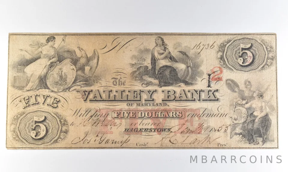 1853 $5 Hagerstown MD Valley Bank Obsolete Note *8310