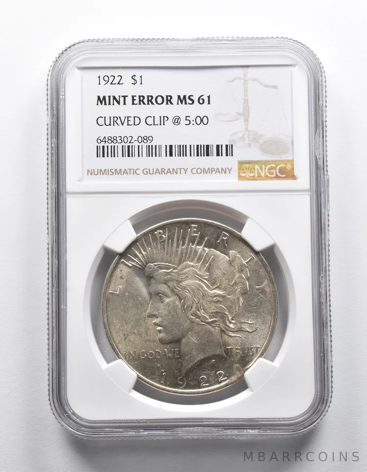 Mint Error MS61 1922 Peace Silver Dollar Curved Clip @5:00 NGC *1912
