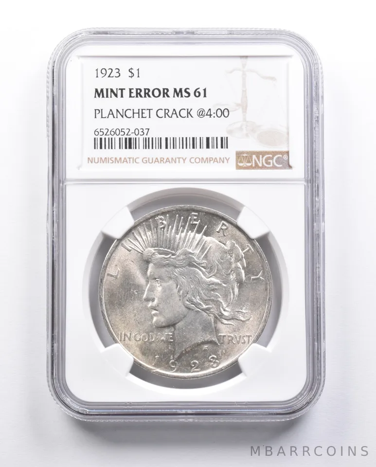 MS61 1923 Peace Silver Dollar Error Planchet Crack @ 4:00 NGC *6660