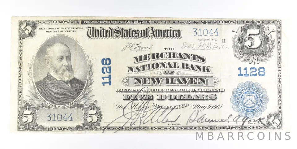 1902 $5 New Haven CT National Currency Note Large Note CH 1128 a0221