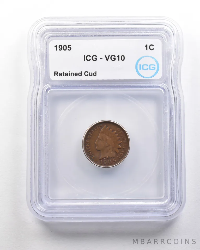 1905 Indian Head Cent Mint Error Retained Cud VG10 ICG *1625