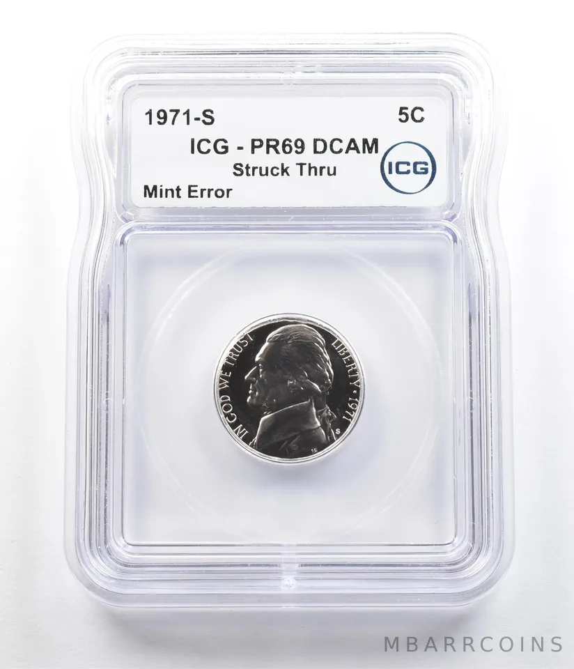 1971-S Jefferson Nickel Mint Error Struck Thru PR69 DCAM ICG *7381