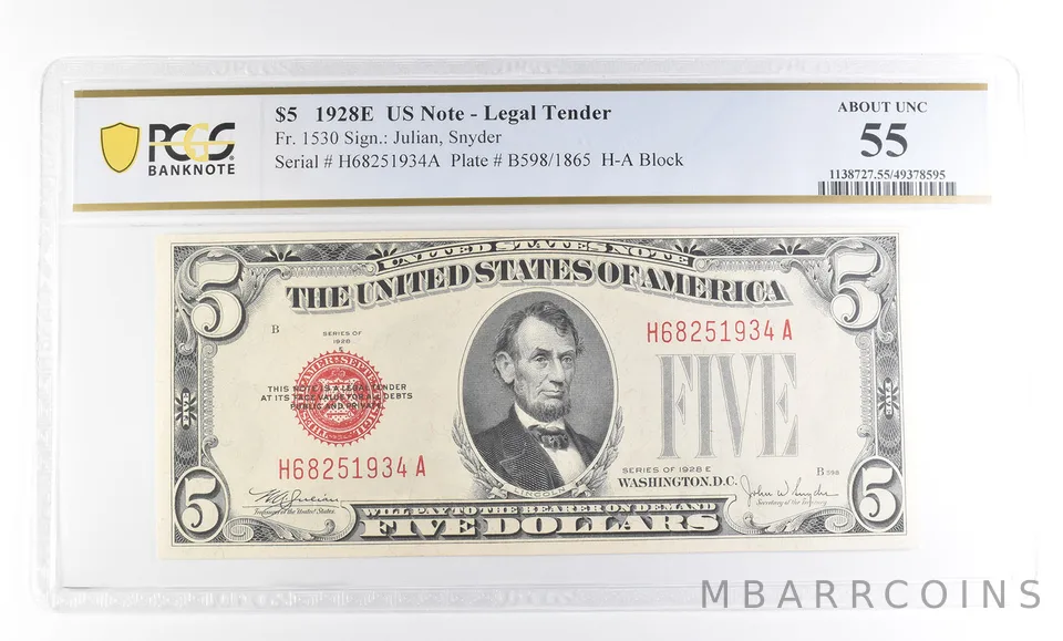 1928 E $5 US Legal Tender Fr#1530 About Unc 55 PCGS *2351