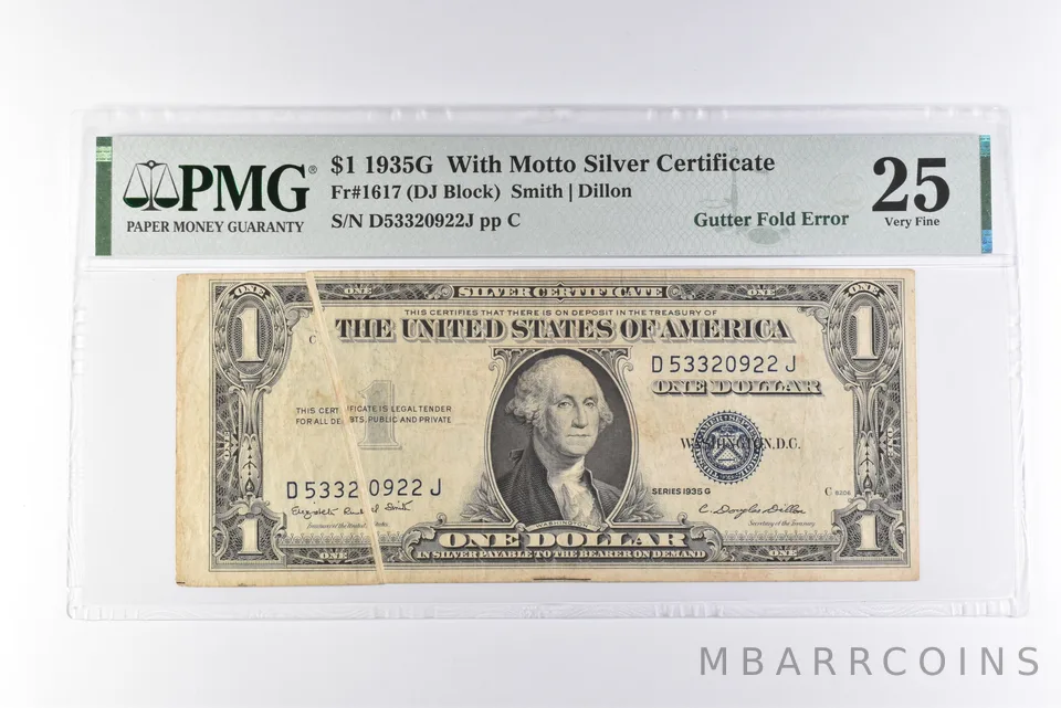 PMG 25 VF $1 1935G With Motto Silver Certificate Fr#1617 Gutter Fold Error a3089