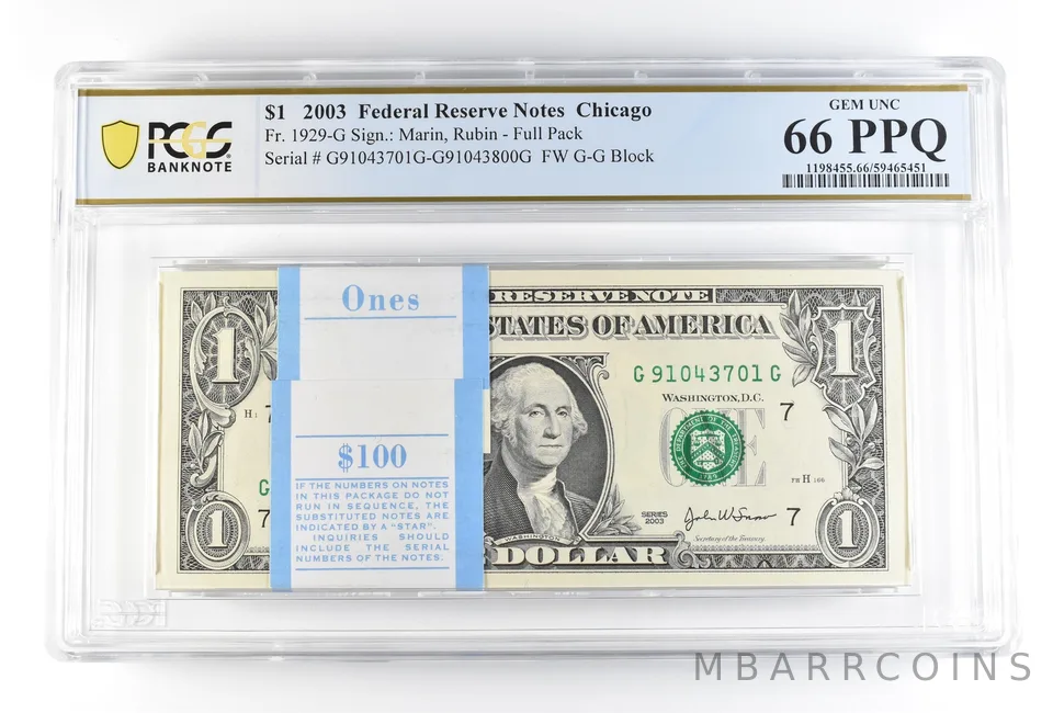 (100) 2003 $1 Chicago IL FRN Fr#1929-G Full Pack Gem Unc 66 PPQ PCGS *0195