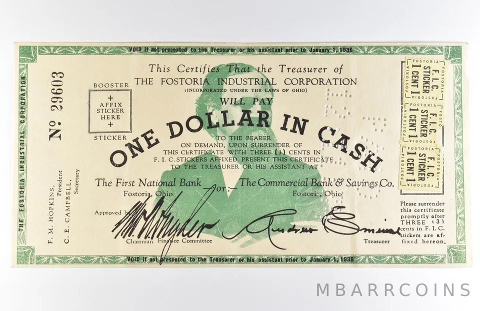 1936 $1 Fostoria OH Industrial Corporation Obsolete Note *8570