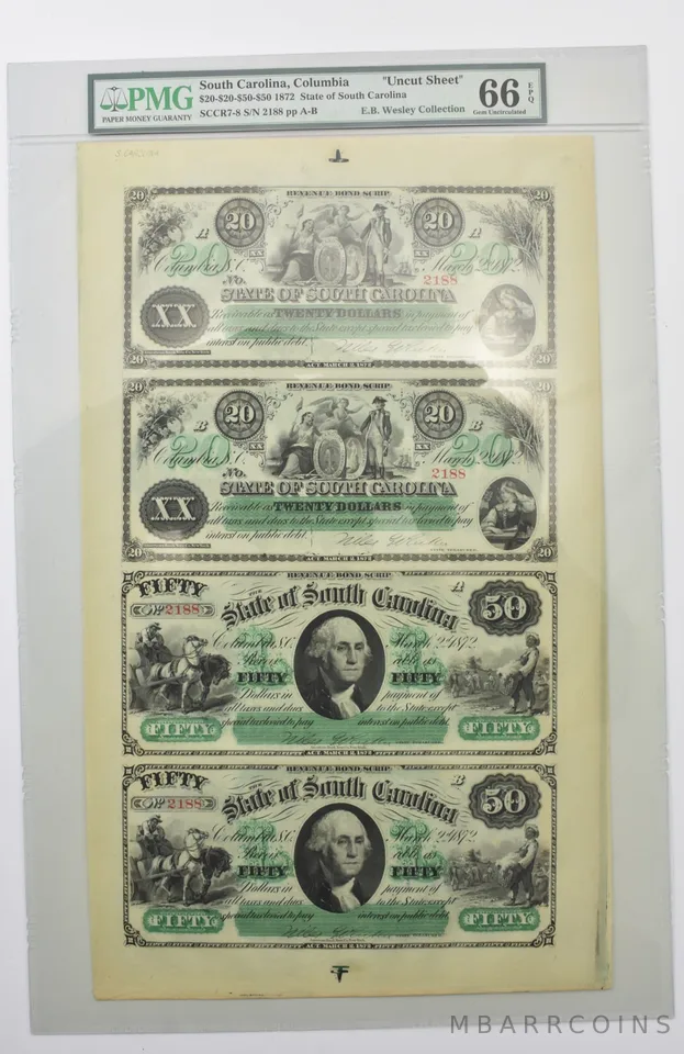1872 $20-$20-$50-$50 Columbia SC Uncut Sheet Gem Unc 66 EPQ PMG *8566